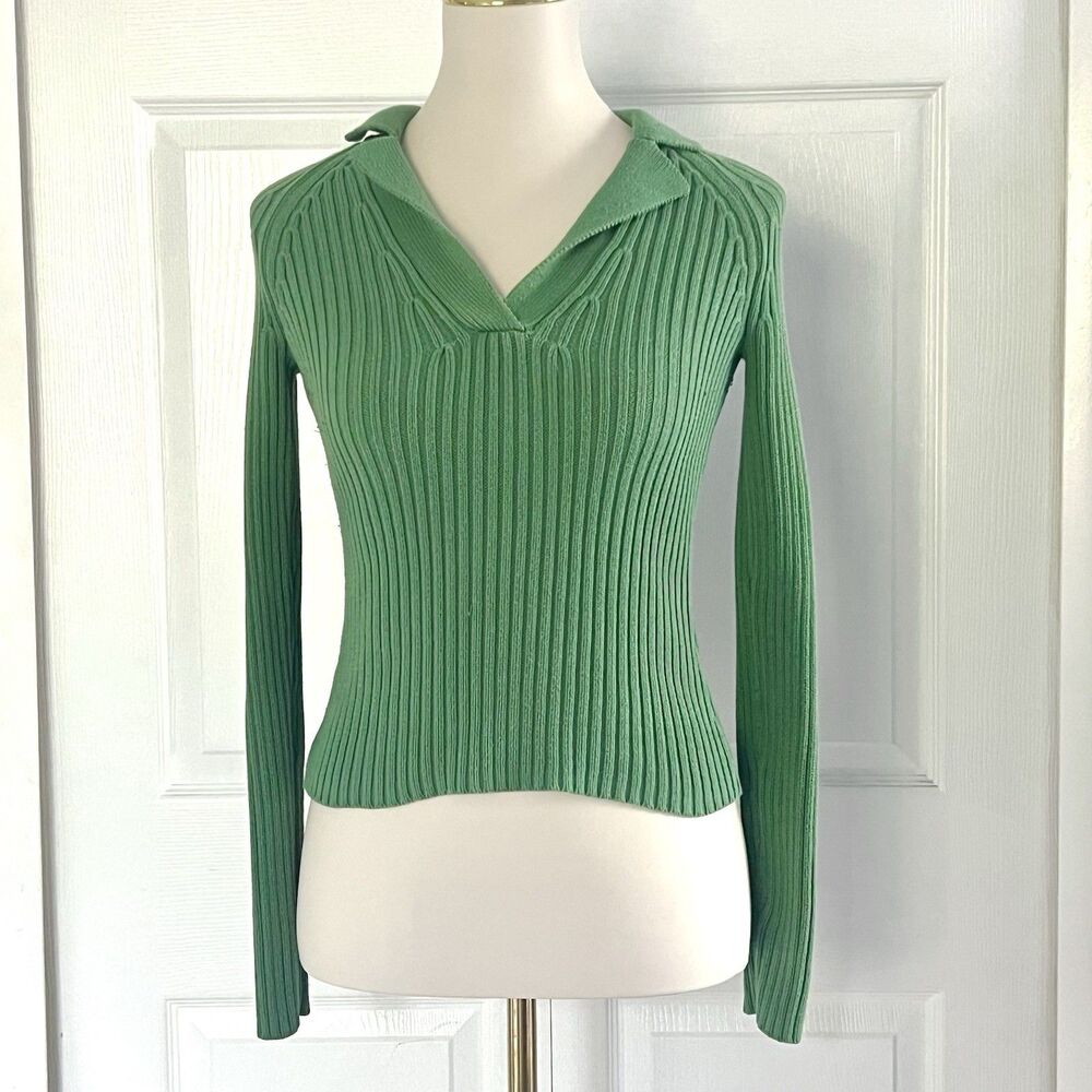 Moda International Y2K Green Collared Neck Fitted Knit Sweater Womens sz XS
